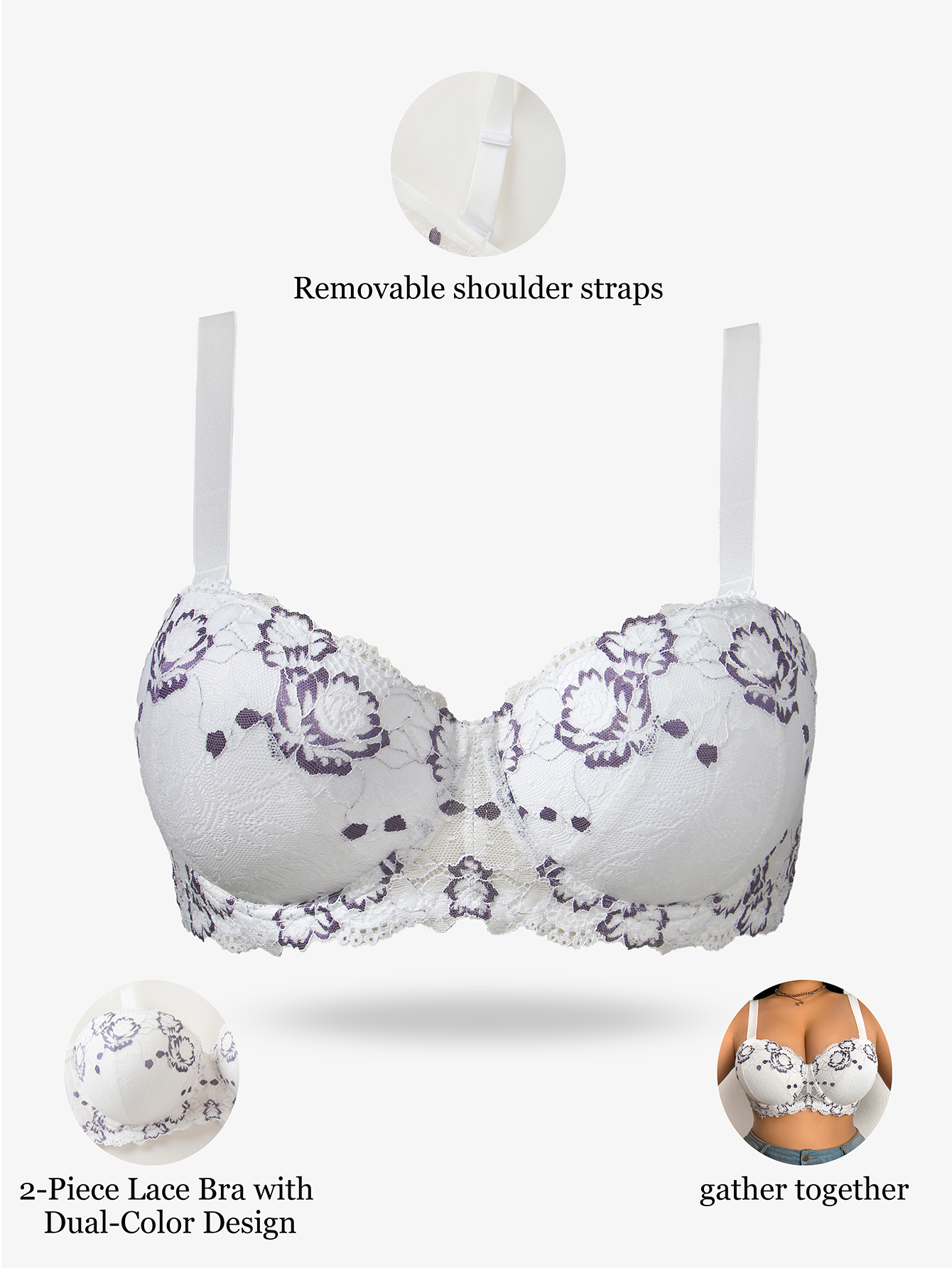 Plunge Bra Push Up - Plus Size Lace & Embroidery Women